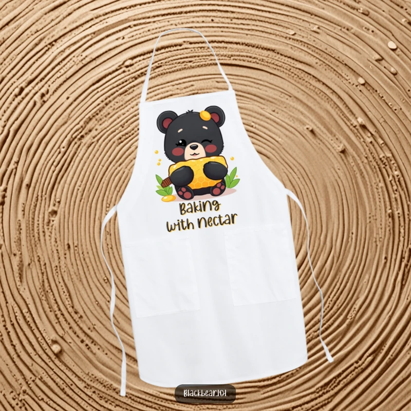Funny Apron: Cute black bear cub winking, holding a giant honeycomb, bringing sweet humor to kitchen tasks.