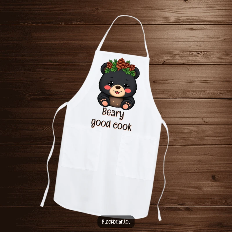 Funny Apron: Cheerful black bear cub with a pinecone crown waves hello, a humorous and functional kitchen accessory.