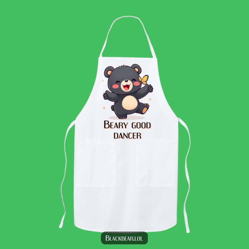 Funny Bear Cub Dance Apron: Chef's Black Bear Cub and Butterfly Kitchen Wear, a Playful Funny Gift!