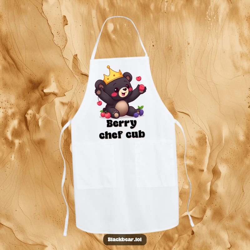 Funny Bear Cub Apron: Charming black bear cub with a crown playfully juggles berries, bringing delightful skill to kitchen tasks.