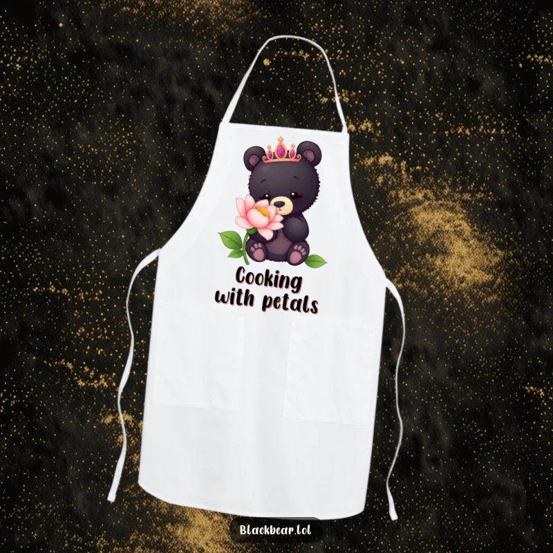 Funny apron of a black bear cub with a tiara, curiously sniffing a giant flower, perfect for kitchen or garden.