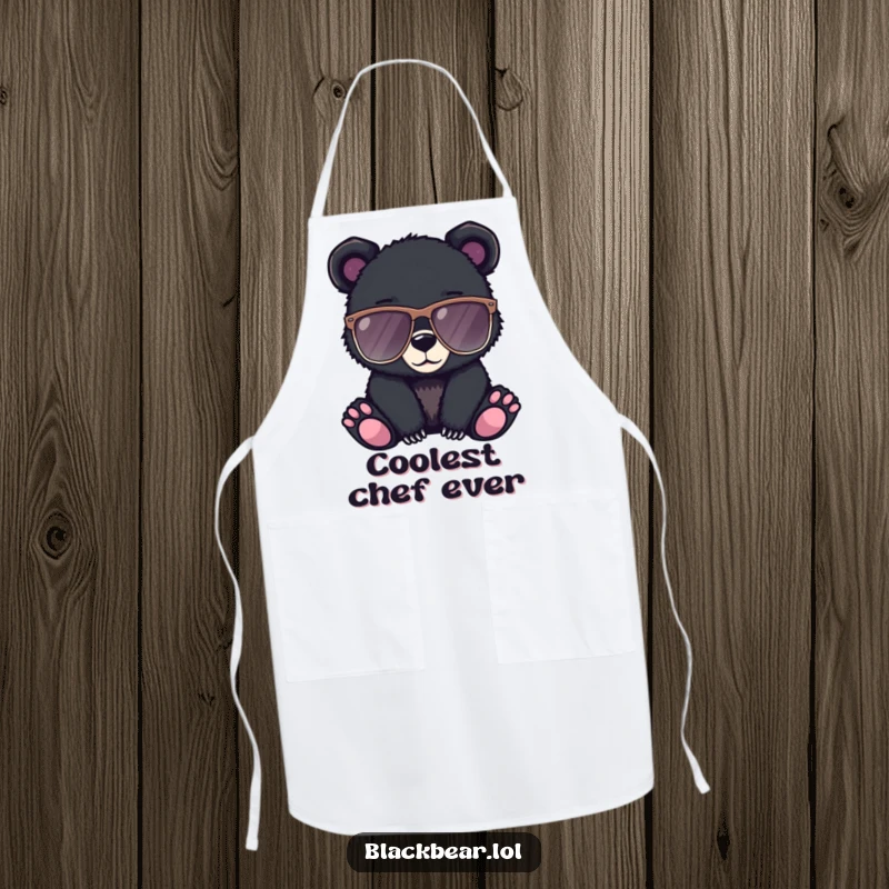 Funny apron featuring a black bear cub wearing oversized sunglasses, looking cool while cooking.