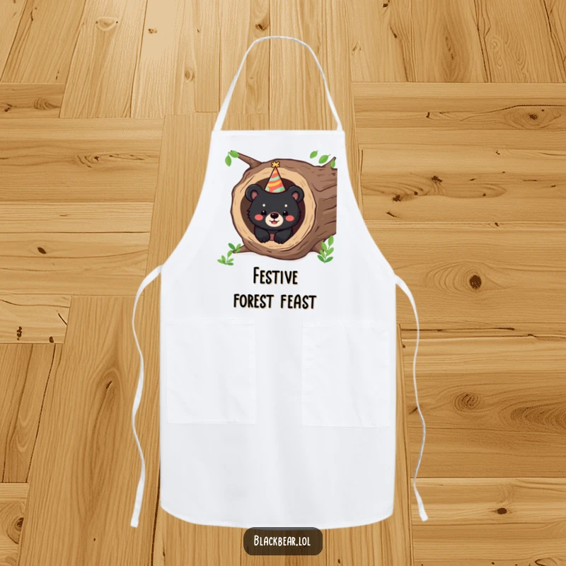 Funny apron featuring a happy black bear cub peeking from a hollow log wearing a party hat, perfect for party cooks.