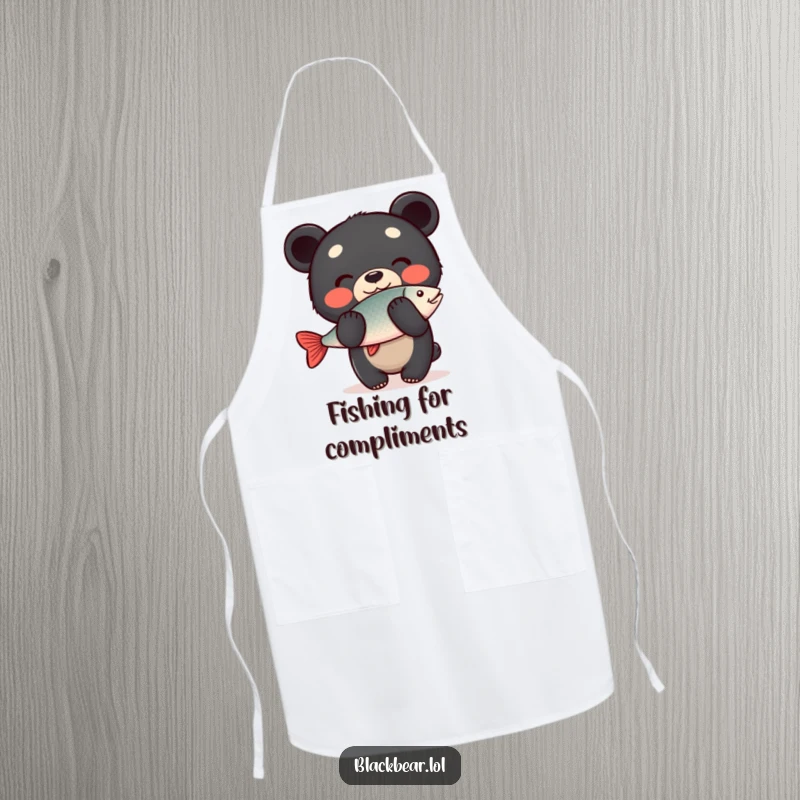 Funny Apron: Happy black bear cub with a grin, balancing a fish on its nose, bringing fishing humor to kitchen tasks.