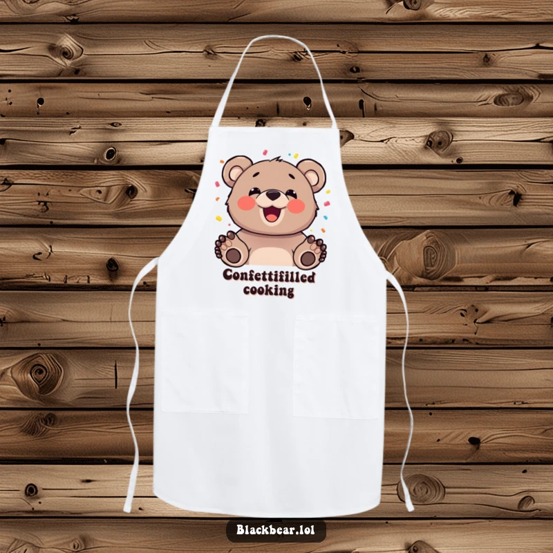 Funny bear cub with a happy expression tossing confetti, on a kitchen apron, adding festive humor.