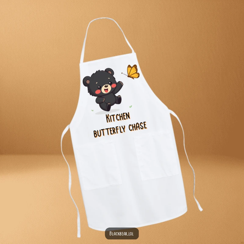 Funny apron featuring a black bear cub happily chasing a butterfly, ideal for kitchen protection with a dose of cheer.