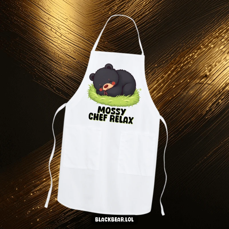 Funny apron with a black bear cub happily rolling in soft moss, bringing a touch of nature's joy to your activities.