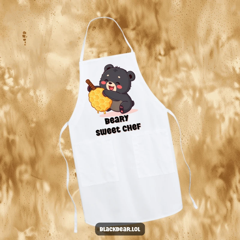 Funny small black bear cub tumbling with a giant honeycomb on a kitchen apron. Adorable and humorous forest animal cooking accessory.