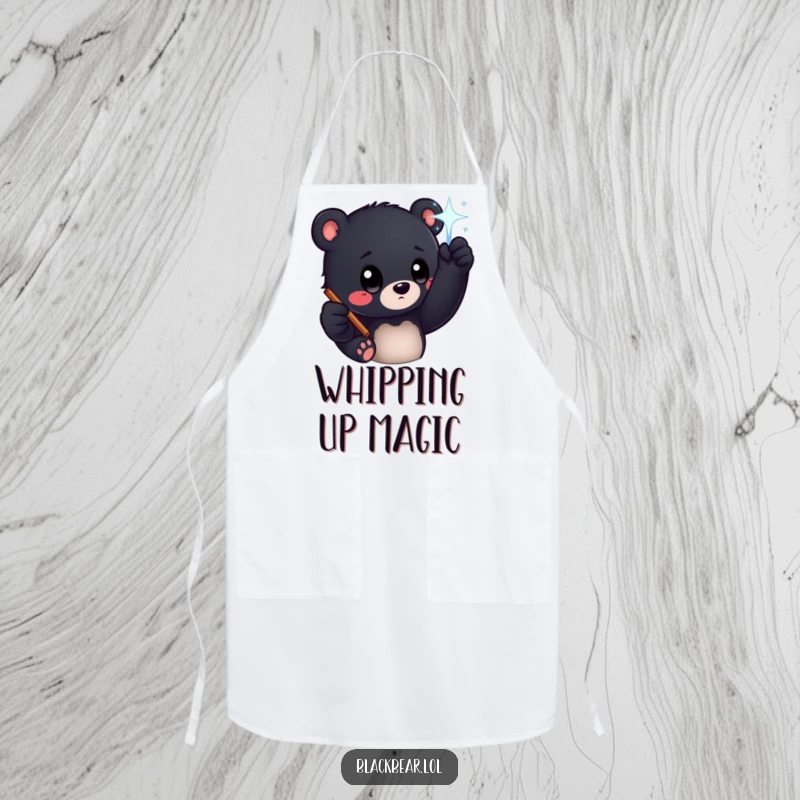 Funny black bear cub with big curious eyes reaching for a sparkling wand, on a kitchen apron, adding magical humor.