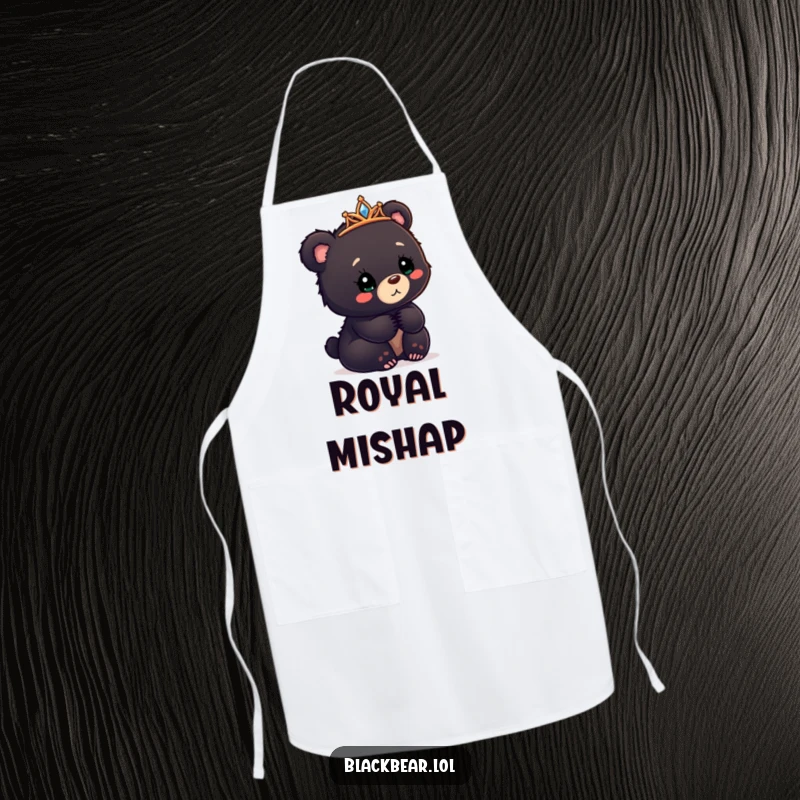Funny black bear cub apron with a tiara askew, looking confusedly delighted, for whimsical cooking.