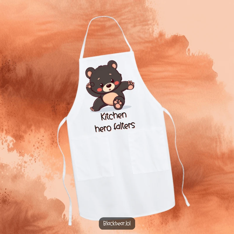 Funny apron with a black bear cub striking a heroic pose but tripping slightly, perfect for adding humor to cooking sessions.