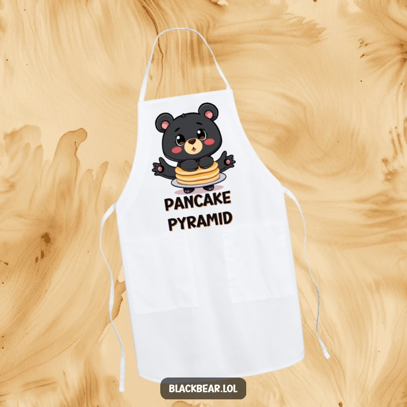Funny apron featuring a big eyed bear comically balancing a stack of pancakes, perfect for any breakfast cook.