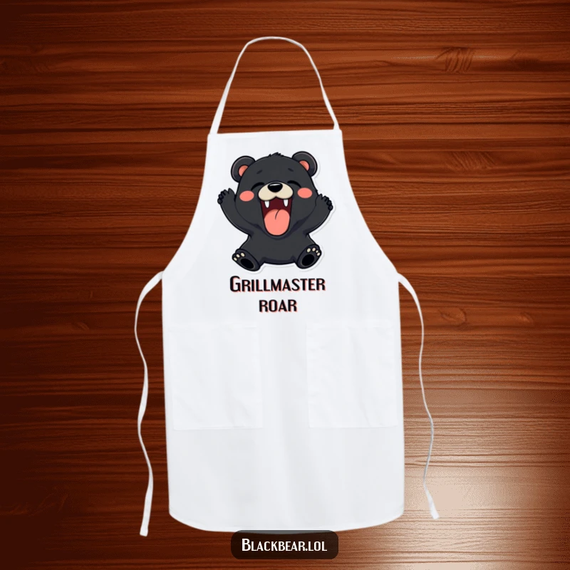 Funny black bear apron roaring playfully with a wide, happy expression, ideal for kitchen fun.