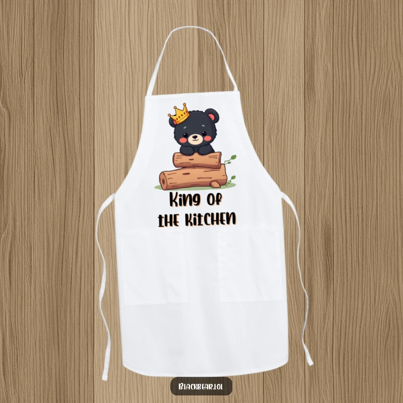 Funny Apron: Cute black bear cub wearing a tiny crown balances on a log, cooking like royalty.