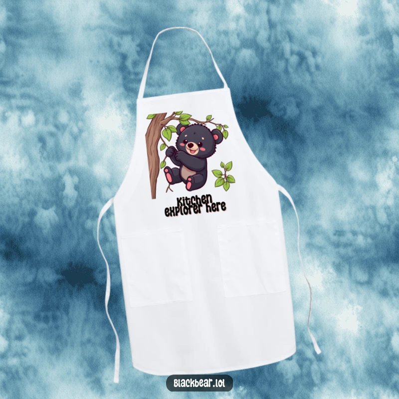 Funny black bear cub apron showing a playful cub tugging on a dangling vine, adding cute humor to the kitchen.