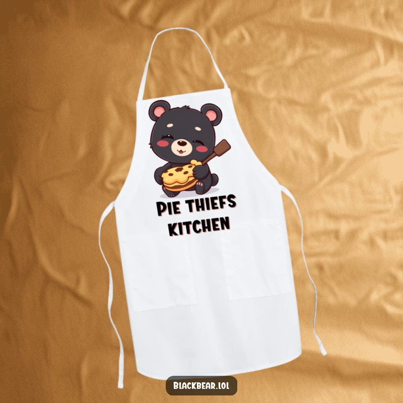 Funny Apron print of a black bear cub hilariously winking and holding a stolen pie, ideal for kitchen humor.