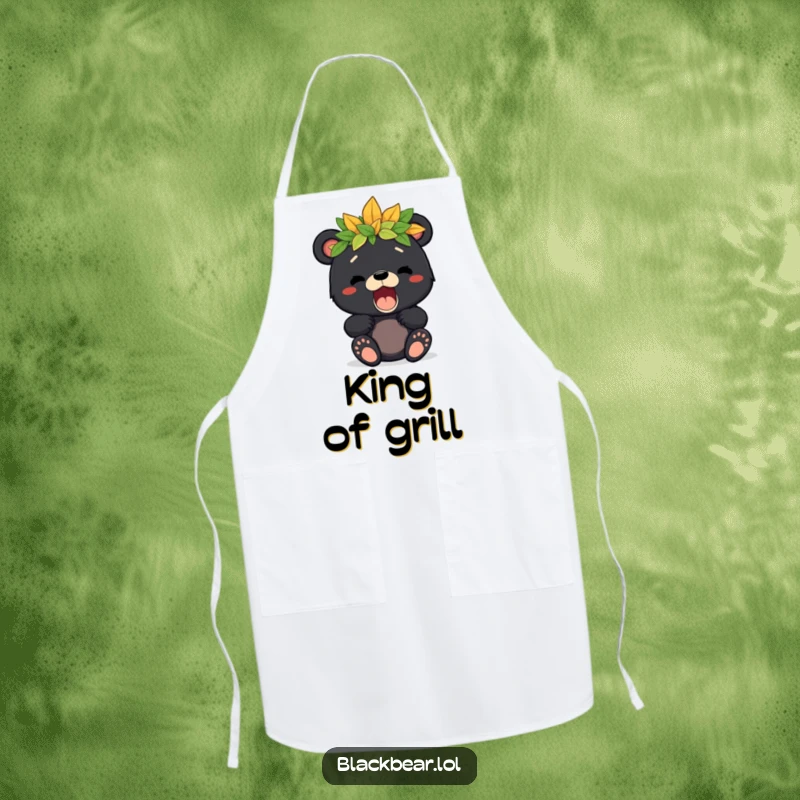 Fun apron featuring a black bear cub with a leaf crown giving a playful roar, perfect for little ones enjoying kitchen activities.