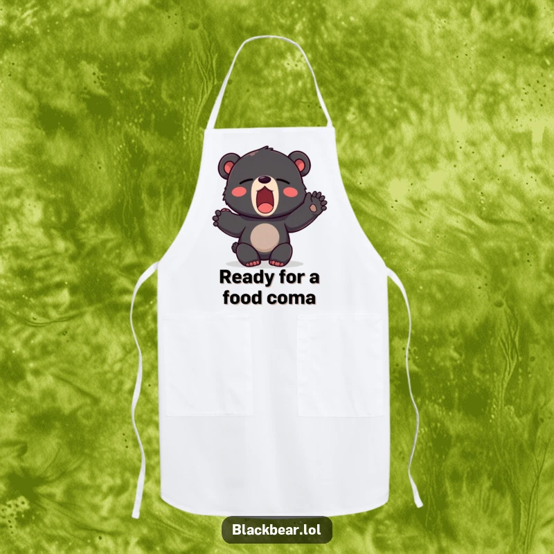Funny apron featuring a black bear cub yawning widely and stretching a paw, ideal for the sleepy home cook.