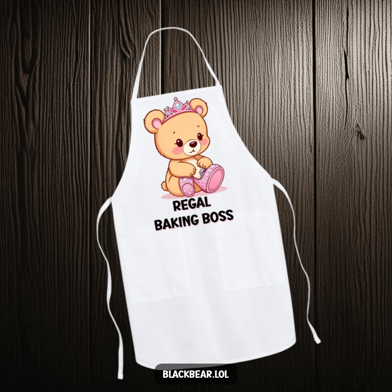 Funny Apron: Bear cub queen with a tiara, playfully trying on large, glittering shoes in the kitchen.