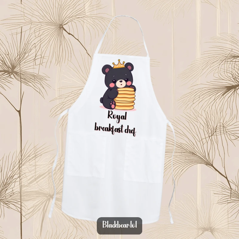 Funny black bear cub wearing a crown balances pancakes, making this apron a funny and functional kitchen accessory.