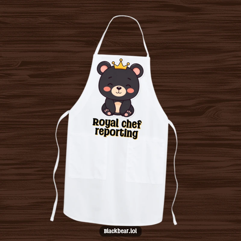 Funny black bear character with a gentle smile and a small crown, on a kitchen apron, adding royal humor.