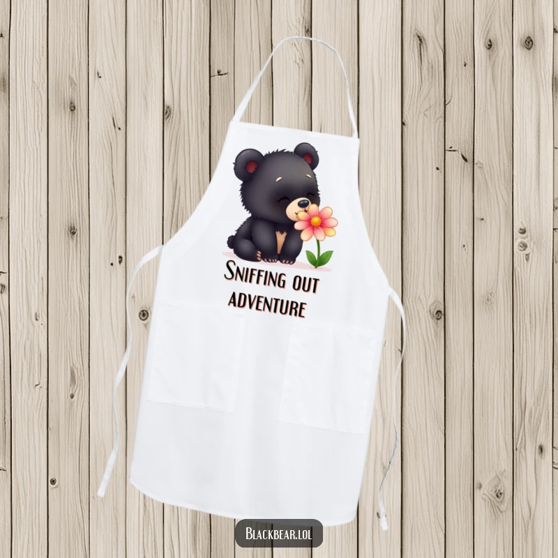 Funny apron showcasing a young black bear cub intently sniffing a beautiful, colorful flower, perfect for the playful cook.