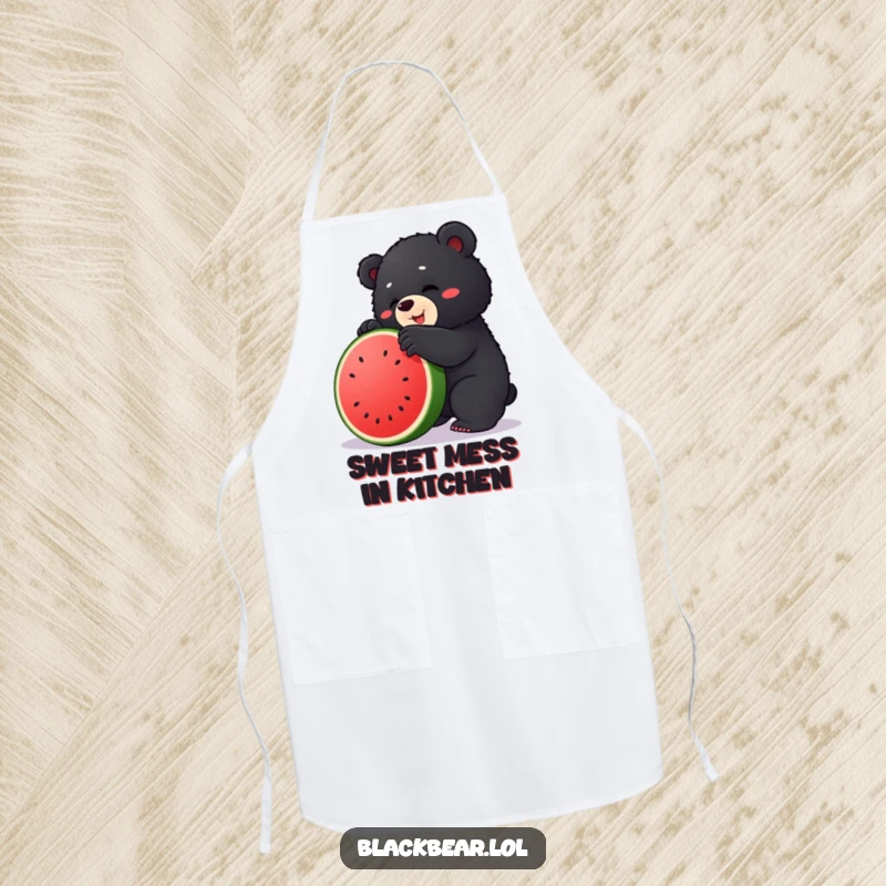 Funny apron featuring a chubby black bear cub comically attempting to climb a watermelon, adding humor to cooking.