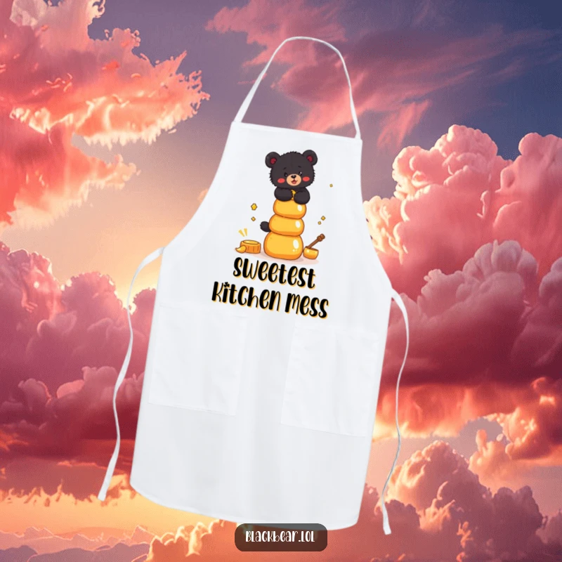Funny Apron print of a black bear cub hilariously balancing a stack of honey pots, ideal for kitchen humor.