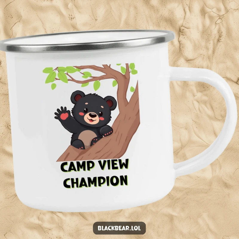 Funny black bear cub waving from a tree branch, depicted on a rugged camping mug, perfect for outdoor enthusiasts who appreciate a friendly wave.