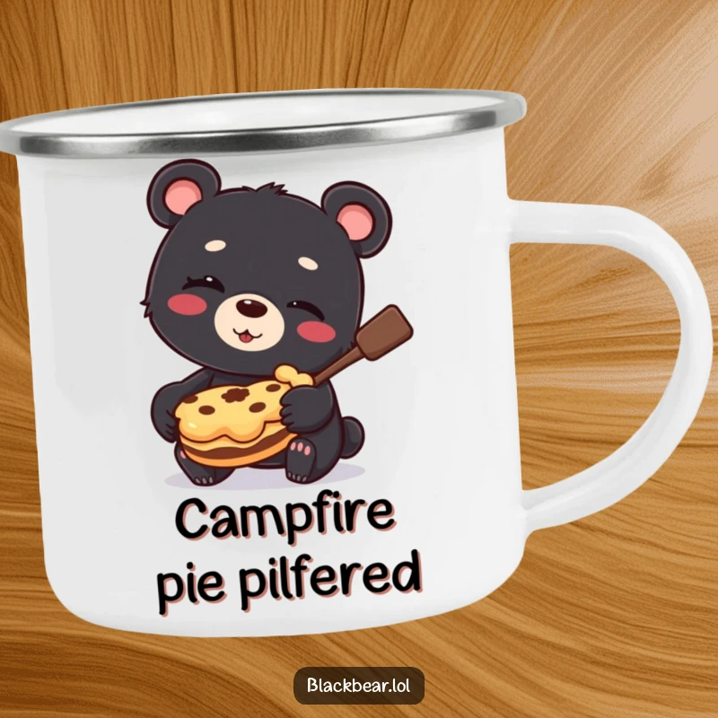 Funny Camping Mug print of a black bear cub winking and holding a stolen pie, ideal for outdoor humor.