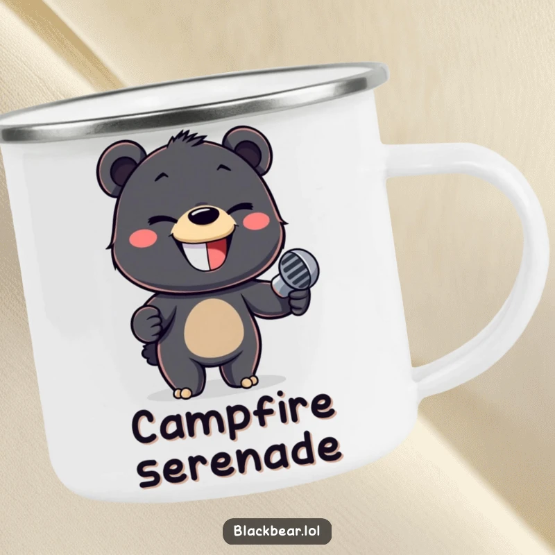 Funny camping mug featuring a mischievous black bear cub holding a microphone, perfect for outdoor jams.