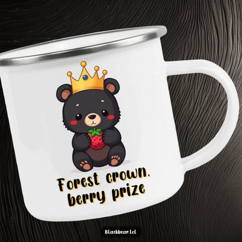 Funny black bear cub camping mug, a royal cub in a crown, balancing a berry on its nose, perfect for outdoor humor.