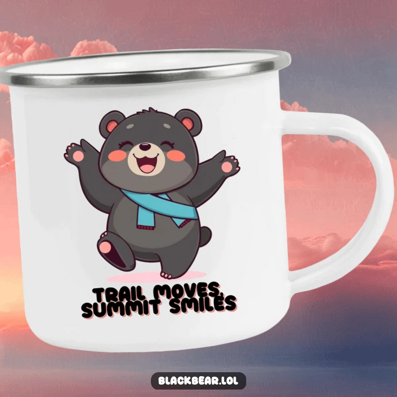 Funny black bear cub camping mug, a smiling cub with a sash, performing a cartwheel, perfect for adding energetic humor outdoors.