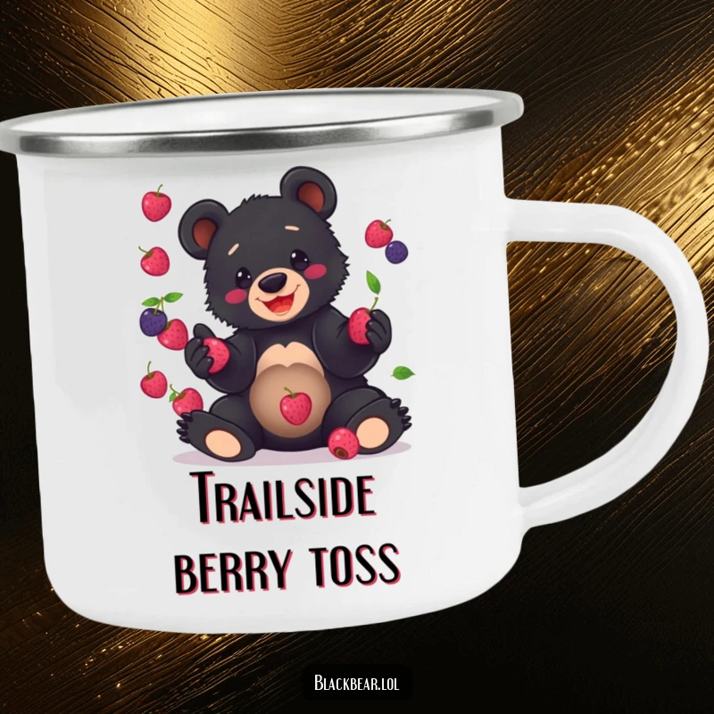 Funny Camping Mug print of a black bear cub clumsily juggling berries with a grin, ideal for outdoor humor.