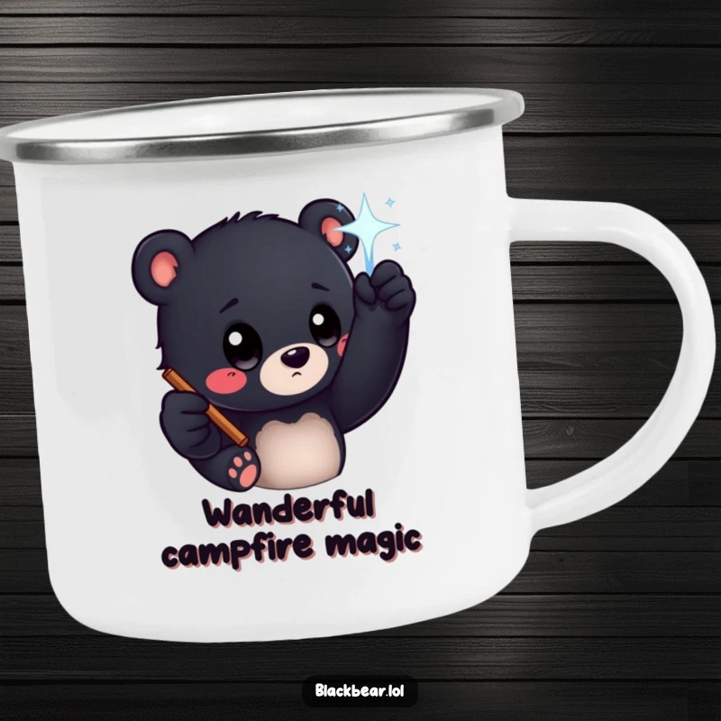 Funny black bear cub with curious eyes reaching for a sparkling wand on a durable camping mug, adding magic and humor.