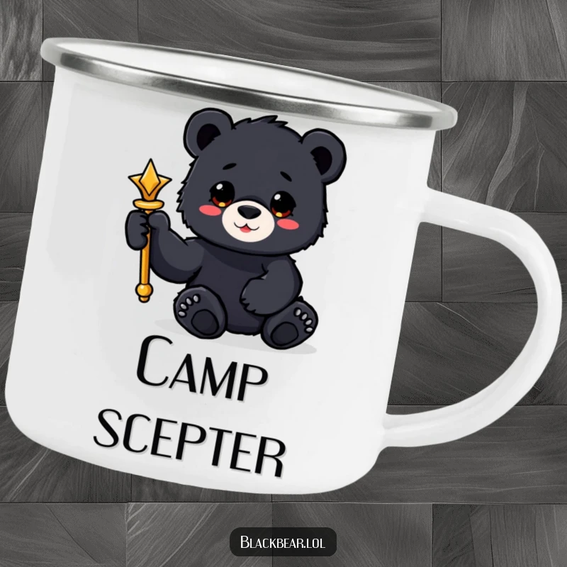 Funny black bear cub camping mug holding a shiny scepter with a paw, for ruling adventures.