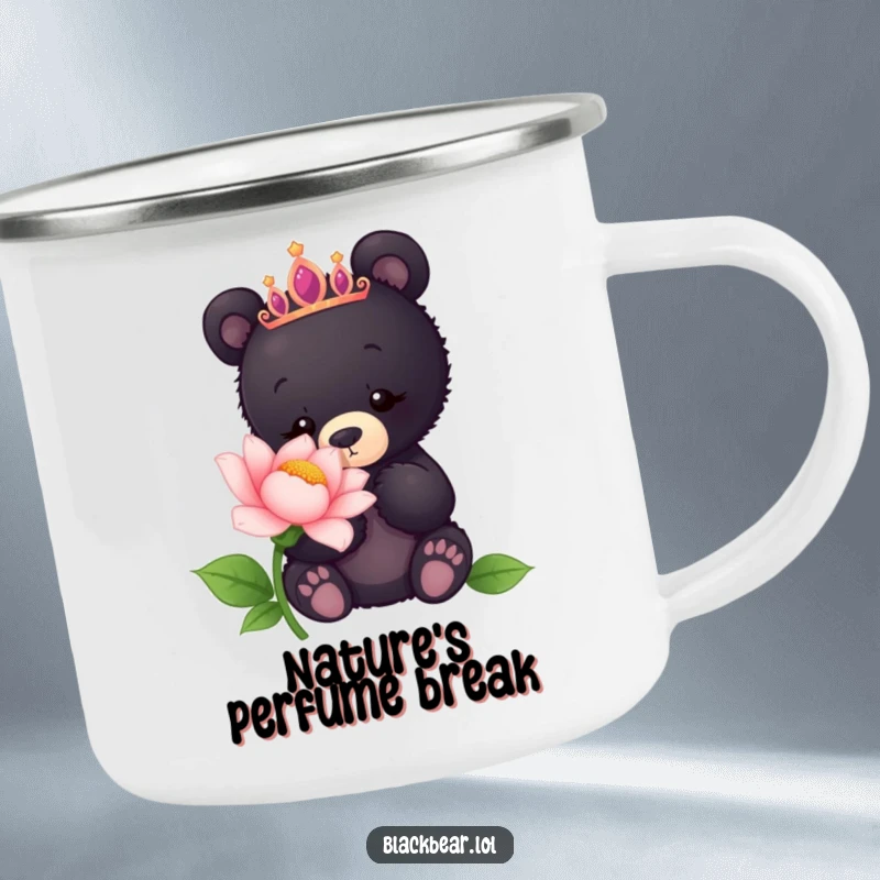 Funny camping mug with a black bear cub in a tiara, curiously sniffing a giant flower, ready for nature.