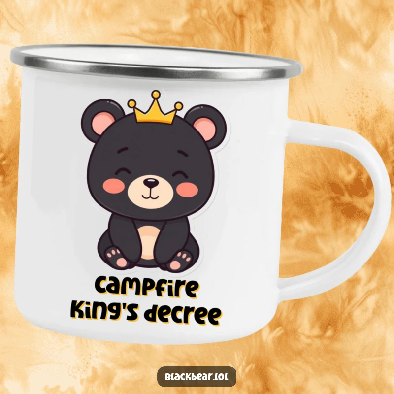 Funny black bear character with a gentle smile and a crown on a durable camping mug, adding royal humor to camping.