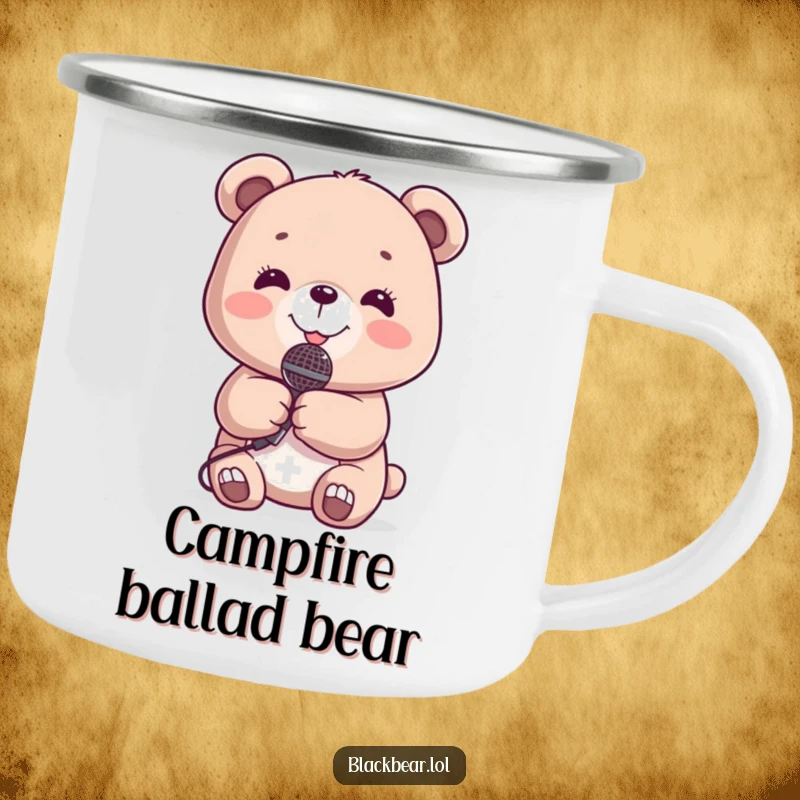 Funny Camping Mug: Bear cub holding a small microphone, smiling, ready to sing campfire songs.