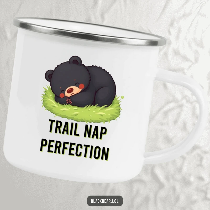 Funny camping mug featuring a black bear cub happily rolling in soft moss, perfect for enjoying beverages in the great outdoors.