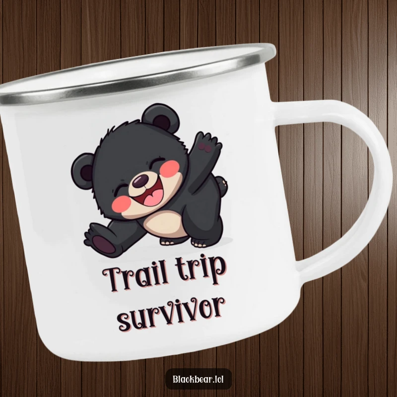 Funny happy black bear cub camping mug of a cub joyfully tripping, designed for outdoor enthusiasts with a sense of humor.