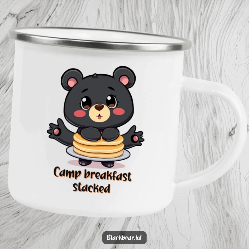 Funny camping mug with a big eyed bear comically balancing a stack of pancakes, perfect for breakfast outdoor trips.