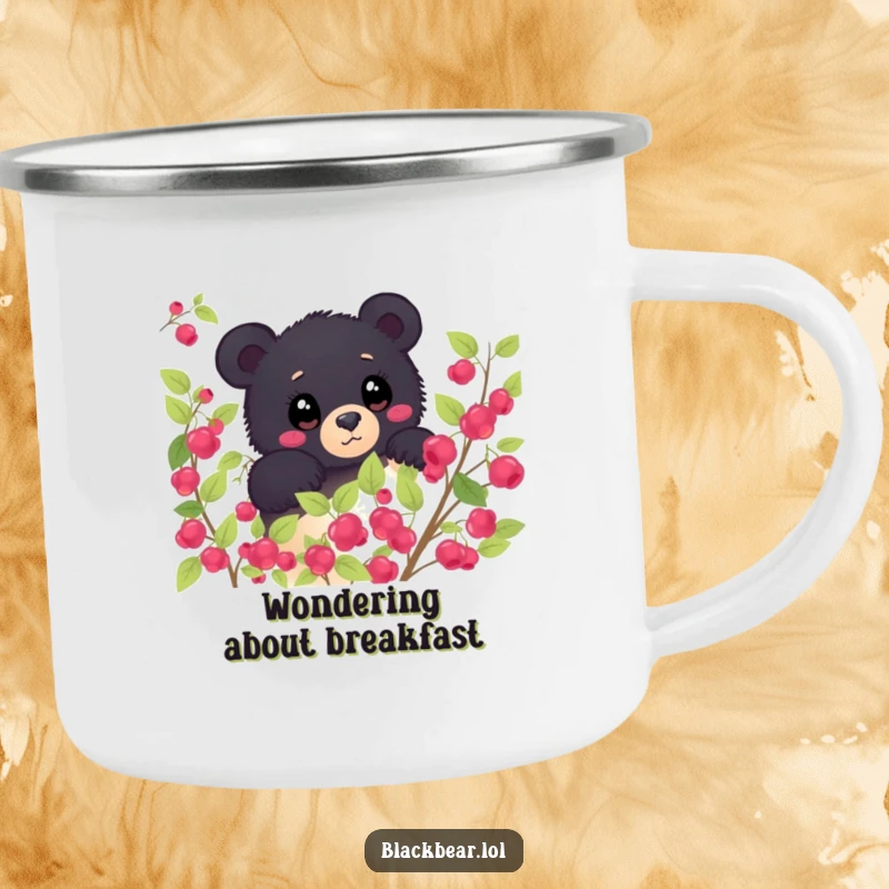 Funny shy black bear peeking from behind a berry bush, eyes wide with wonder on a rugged camping mug. Curious and humorous forest animal enamel cup.