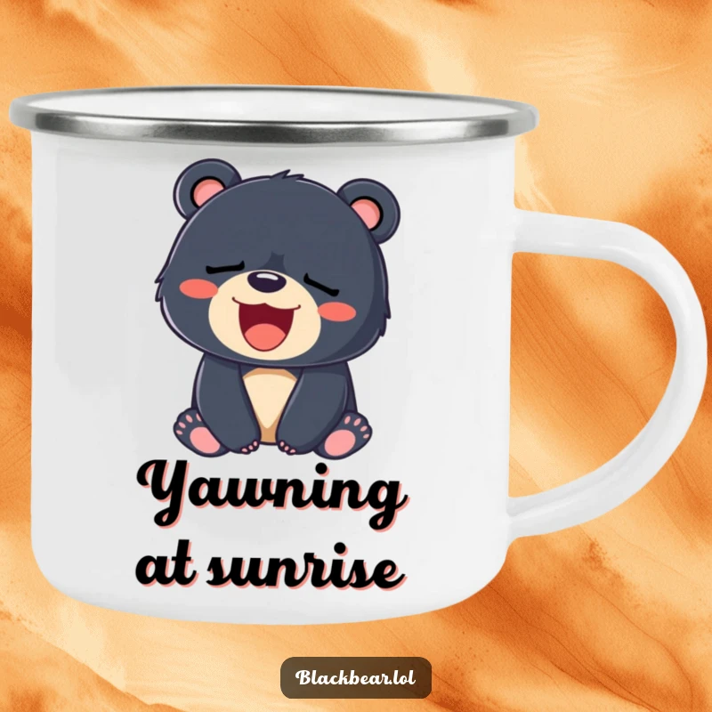 Funny camping mug showing a sleepy black bear cub yawning with a big smile, perfect for outdoor relaxation.