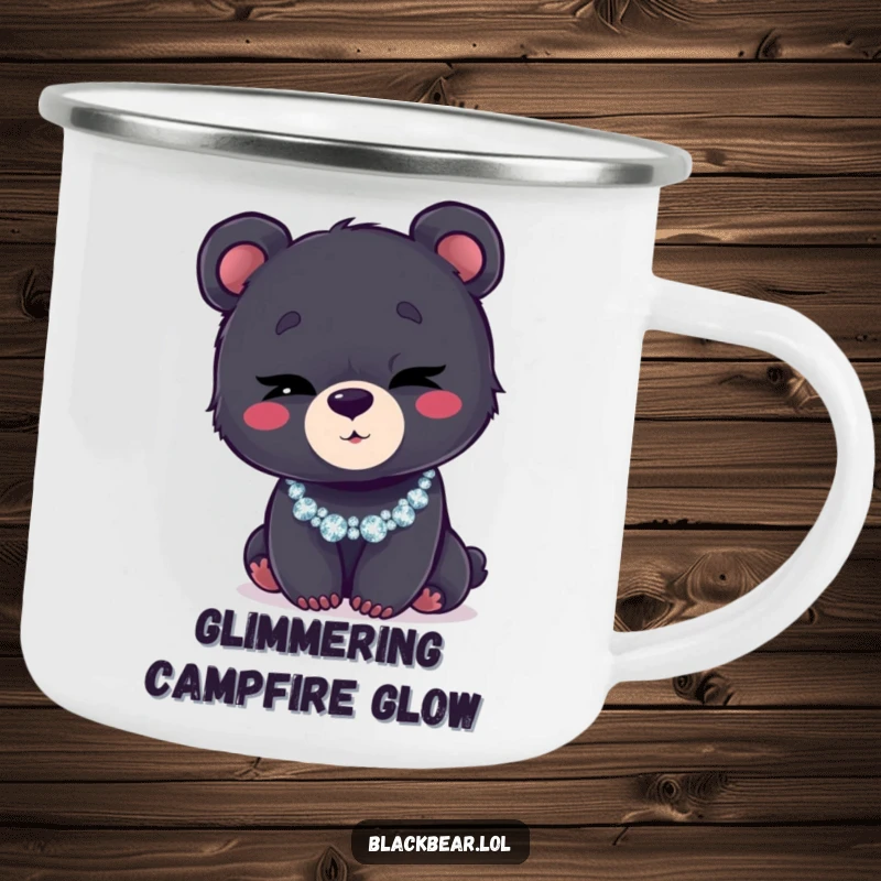 Funny camping mug featuring a black bear cub winking playfully while wearing a glittery necklace, perfect for outdoor fun.