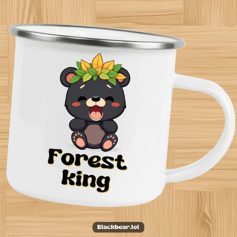 Durable camping mug featuring a cute black bear cub with a leaf crown giving a playful roar, perfect for outdoor adventures.