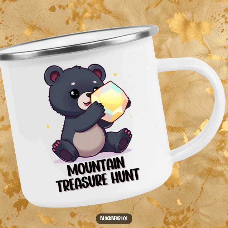 Funny camping mug featuring a black bear cub reaching for a large, shimmering gem, perfect for outdoor discovery.