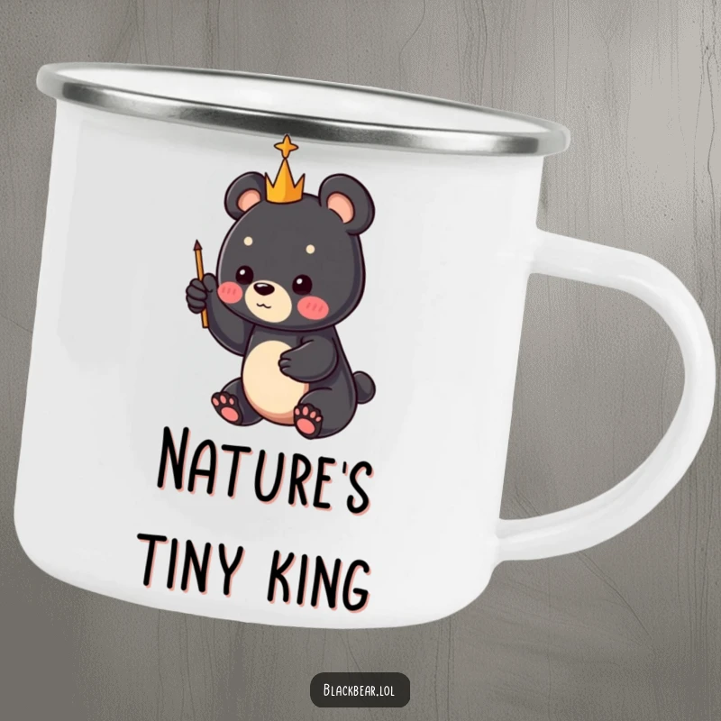 Funny black bear cub with a small scepter pointing to the sky, on a sturdy camping mug, a wonderful funny gift.