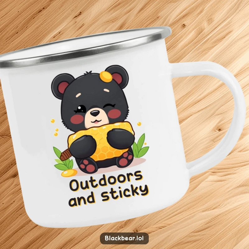 Funny Camping Mug: Cute black bear cub winking, holding a giant honeycomb, perfect for outdoor beverages and sweet humor.