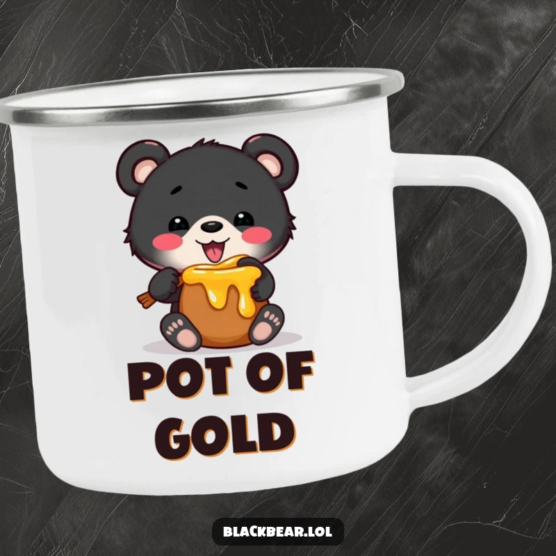 Funny camping mug with a black bear cub humorously stuck in a tiny honey pot, perfect for outdoor adventures and a good laugh.